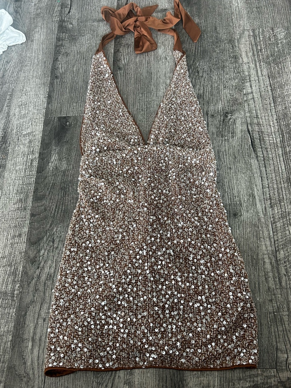 Sequined Halter Mini Dress in Bronze